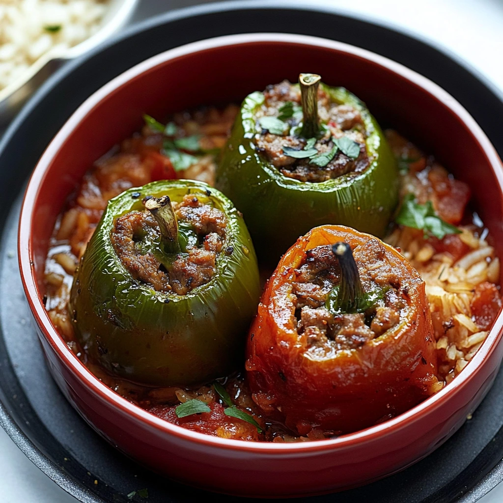 Gröna paprikor i ugn: fyllda med köttfärs och kokt ris, på en bädd av tomatsås