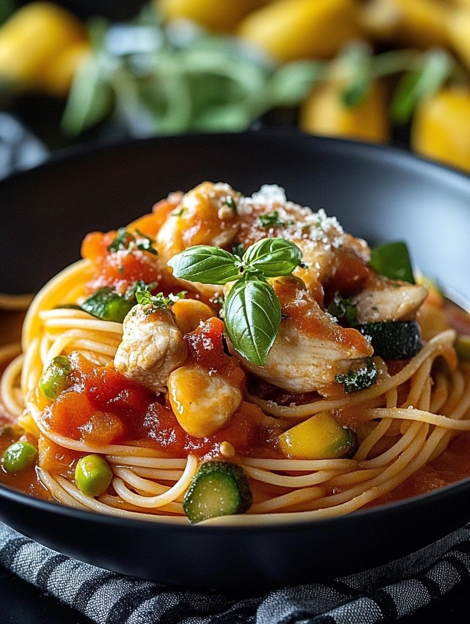 Spaghettisås med grönsaker och kyckling med ost