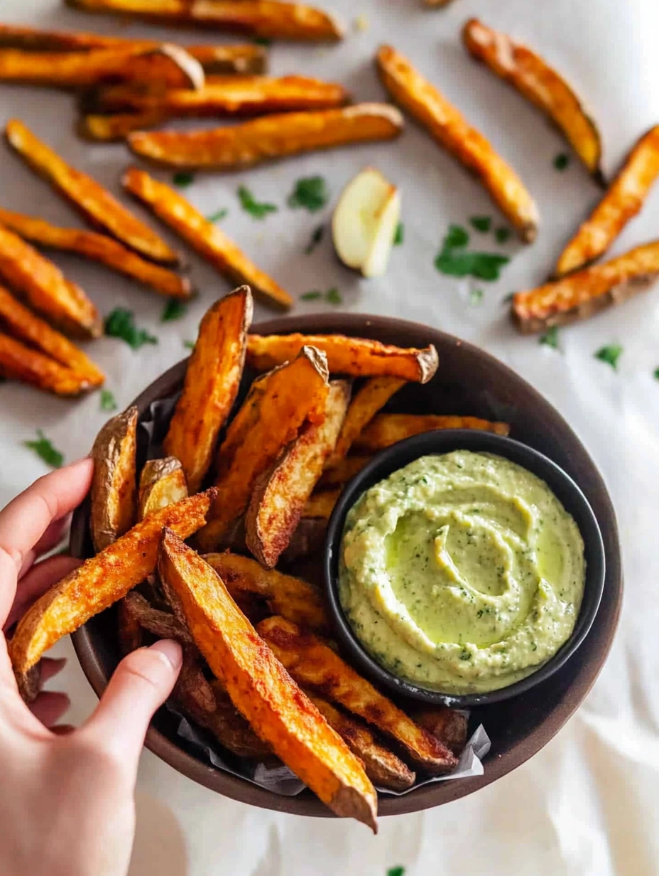 Sötpotatis pommes och avokadobas i en skål
