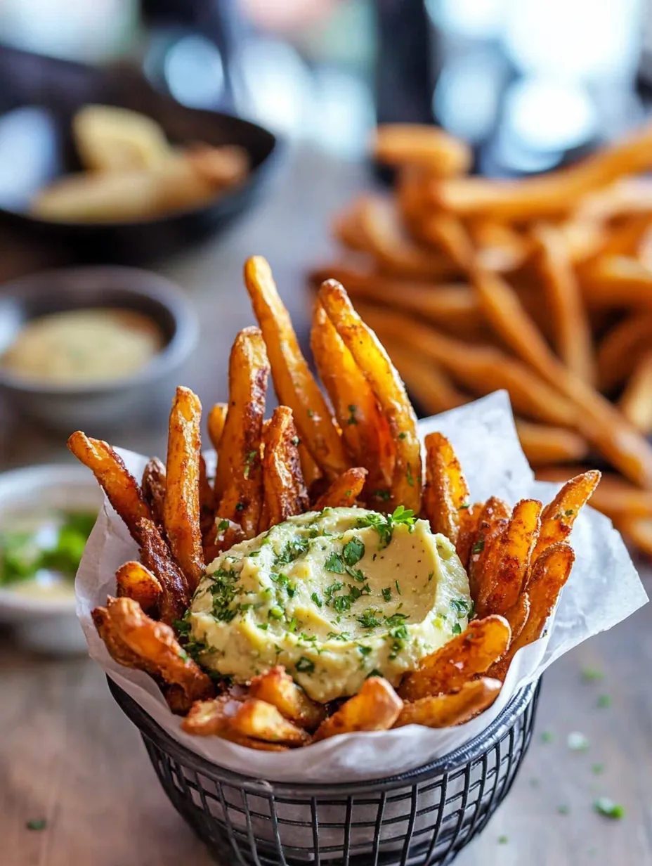 En korg med sötpotatis pommes och avokadobas