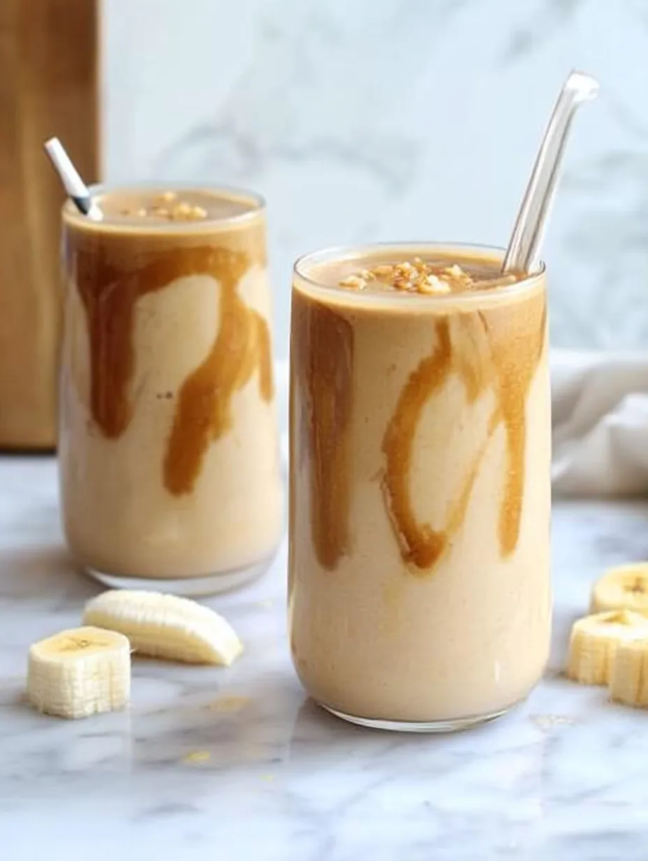 Två glas banan-jordnötssmörsmoothie
