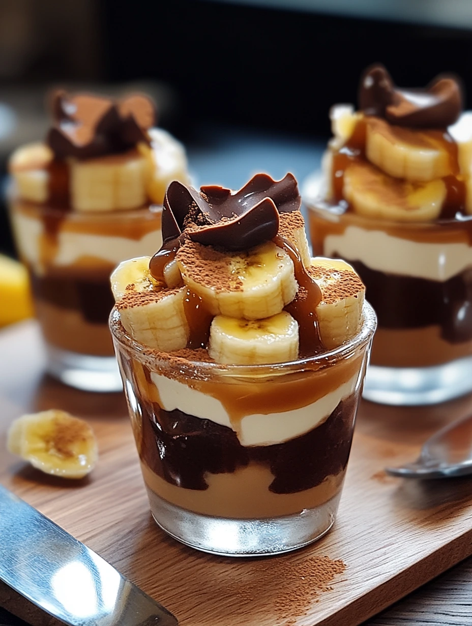 Ett glas med banan-, karamell- och chokladglas