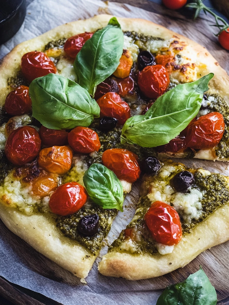 Pizza med pesto och körsbärstomater