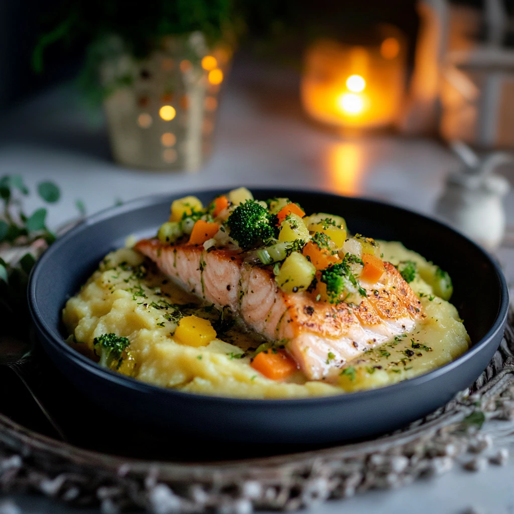 Laxbiff med grönsaker och potatismos