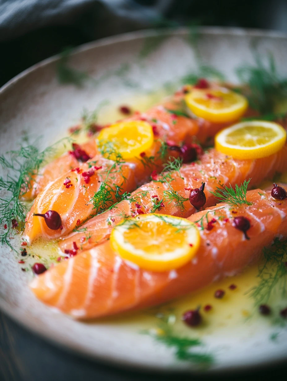 Rå marinerad lax med citron och dill, snabb rätt